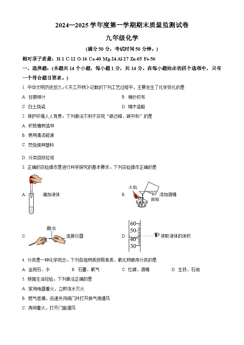 河南省驻马店市正阳县2024-2025学年九年级上学期1月期末化学试题（原卷版+解析版）第1页