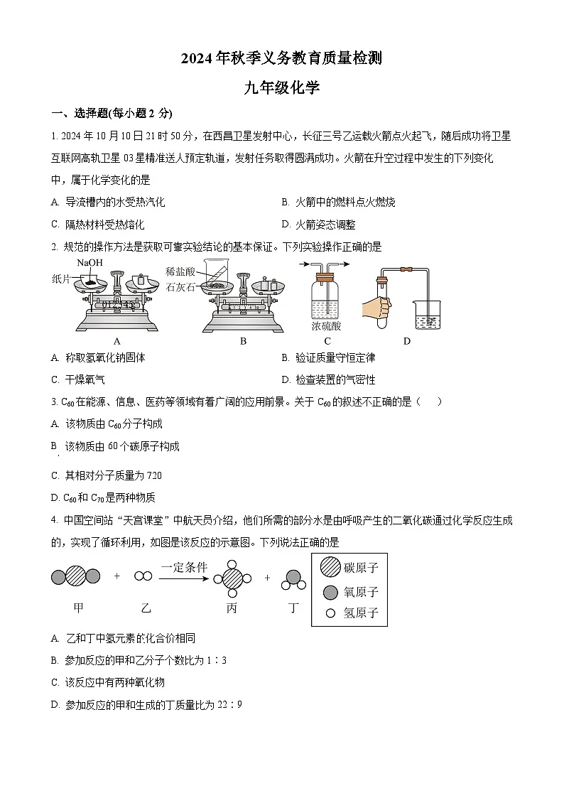 四川省达州市通川区2024-2025学年九年级上学期期末化学试题（原卷版+解析版）第1页