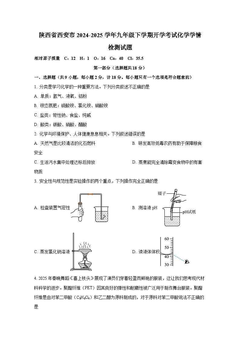 陕西省西安市2024-2025学年九年级下册开学考试化学学情检测试题（附答案）第1页