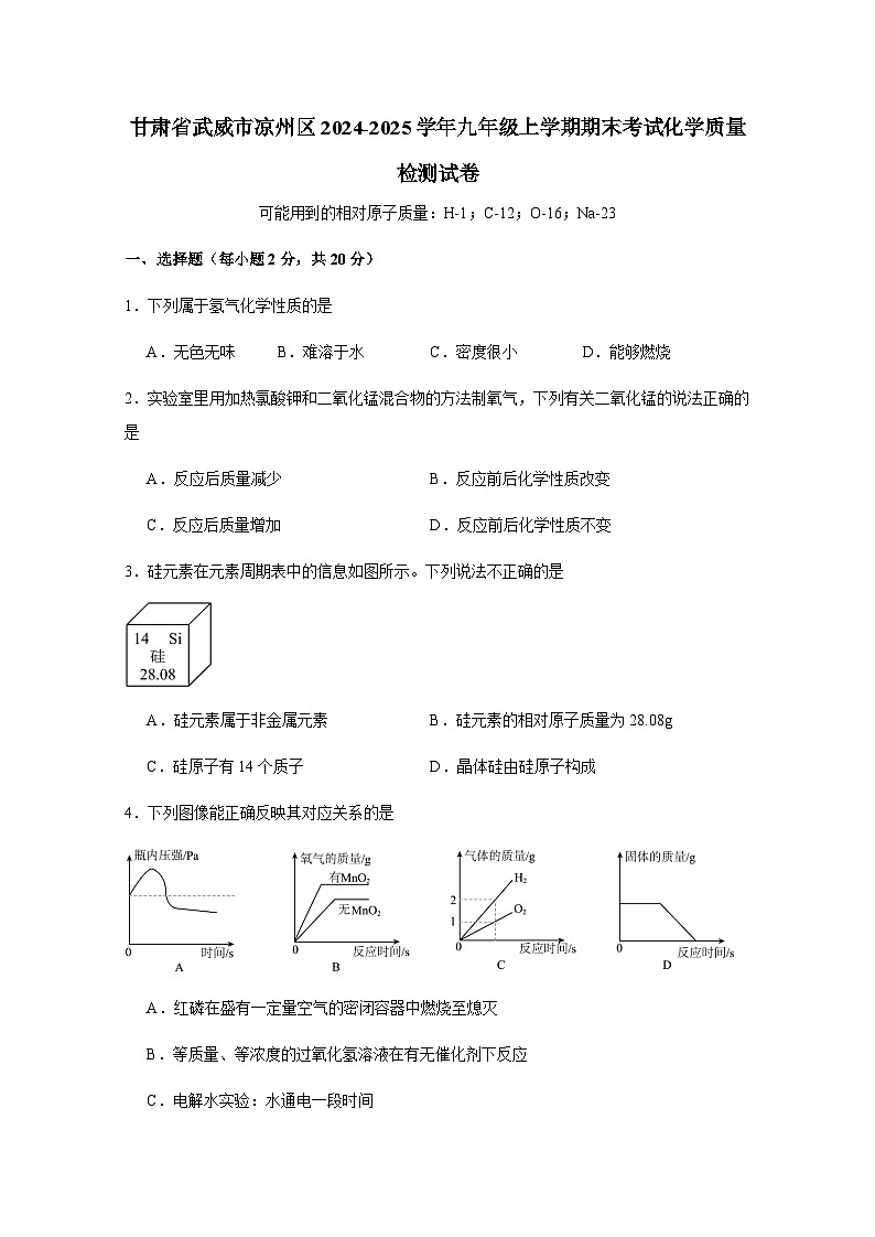 甘肃省武威市凉州区2024-2025学年九年级上册期末化学质量检测试卷2（附答案）第1页