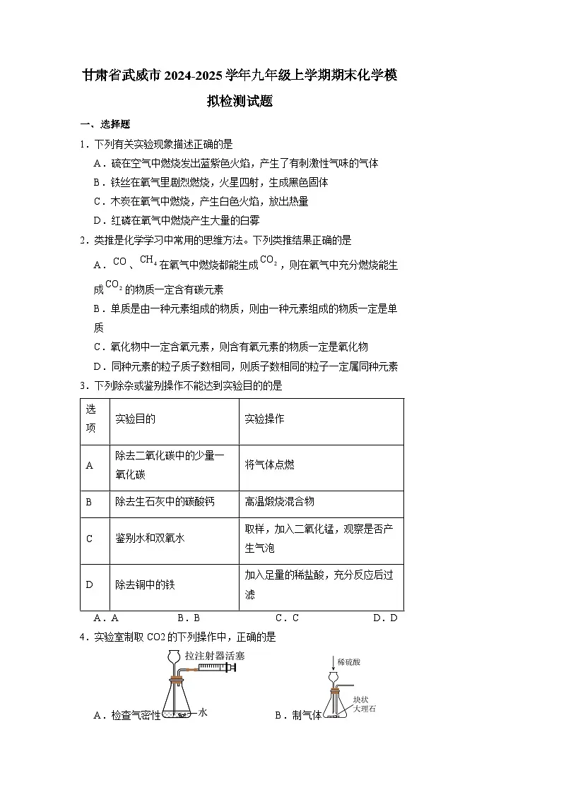 甘肃省武威市2024-2025学年九年级上册期末化学模拟检测试题（附答案）第1页