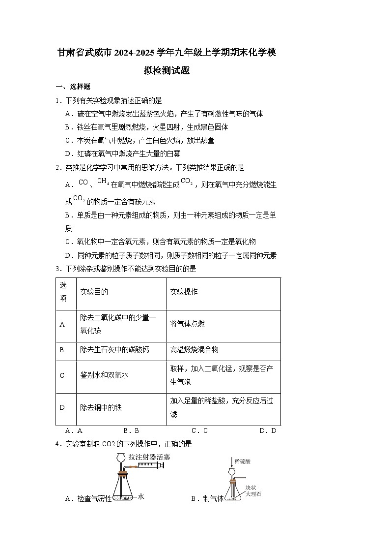 甘肃省武威市2024-2025学年九年级上册期末化学模拟检测试题（附答案）第1页