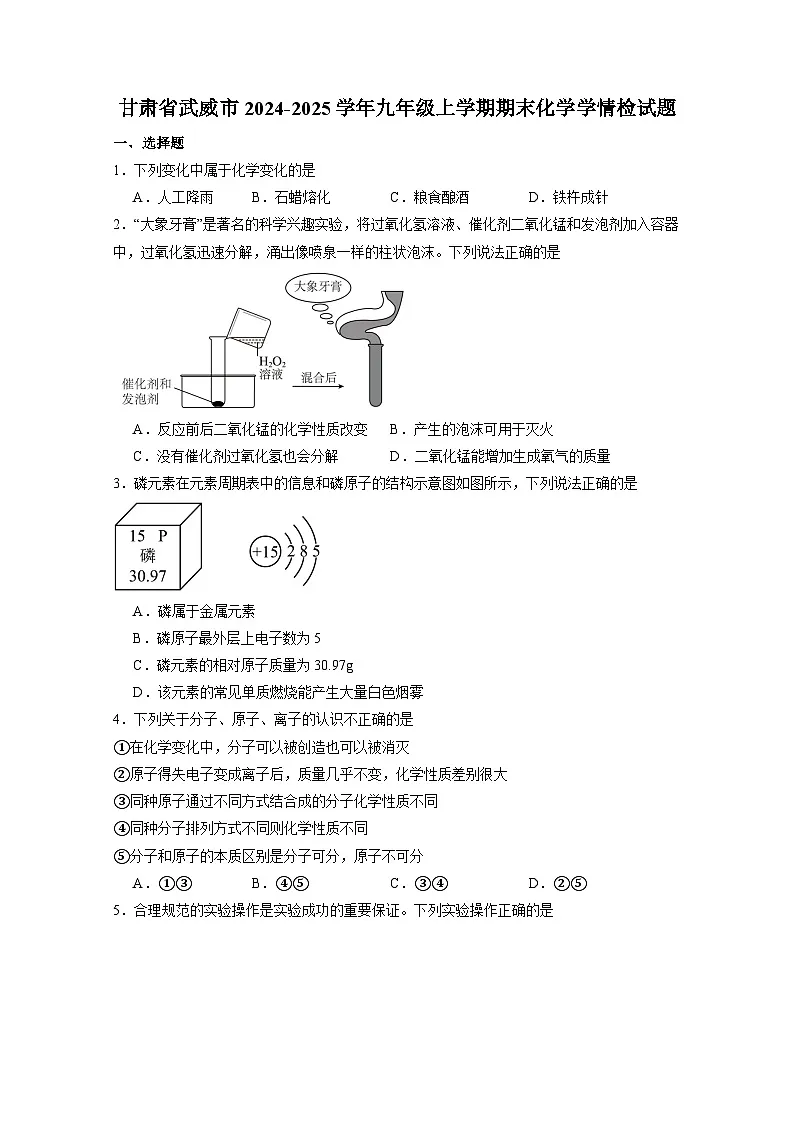甘肃省武威市2024-2025学年九年级上册期末化学学情检试题（附答案）第1页