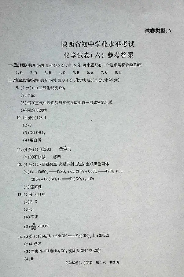 化学试卷（六）答案 第1页
