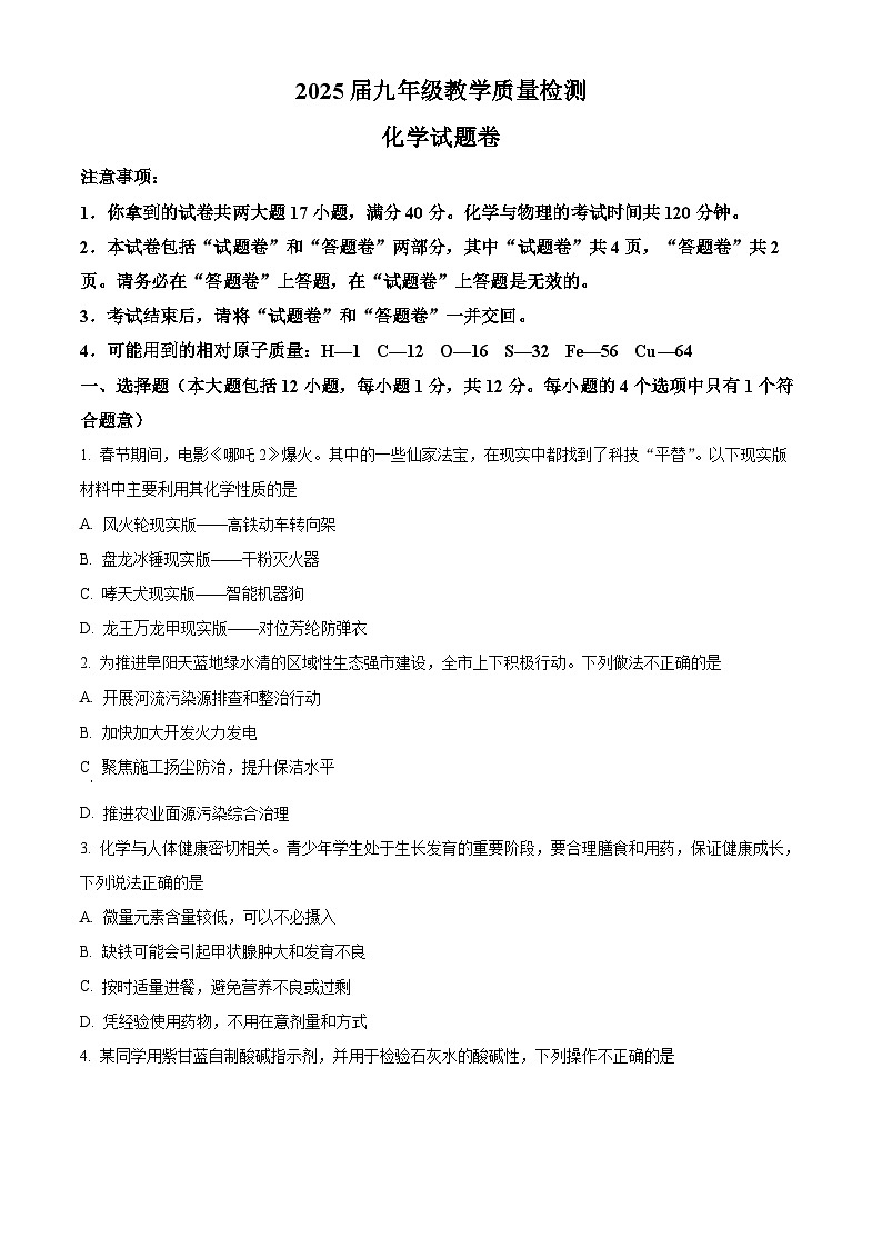 2025年安徽省阜阳市颍上县中考一模化学试题（原卷版+解析版）第1页