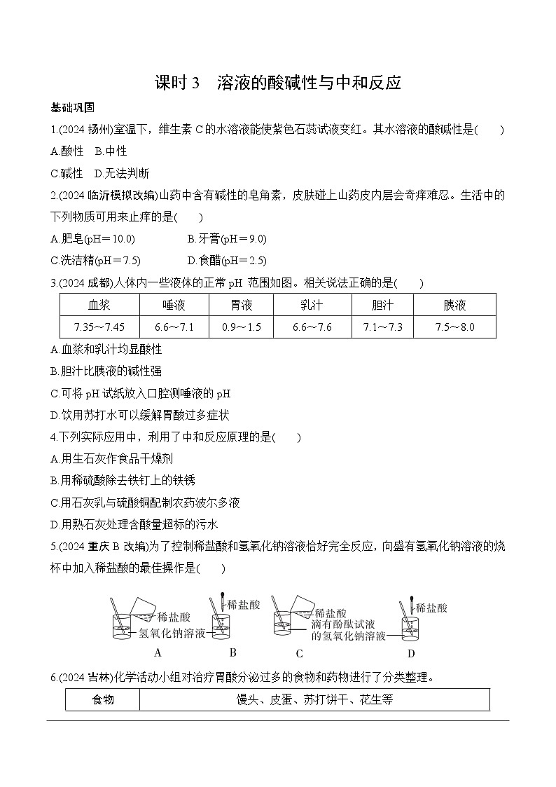 15.第八单元　课时3　溶液的酸碱性与中和反应分层作业 2025年中考化学鲁教版第1页