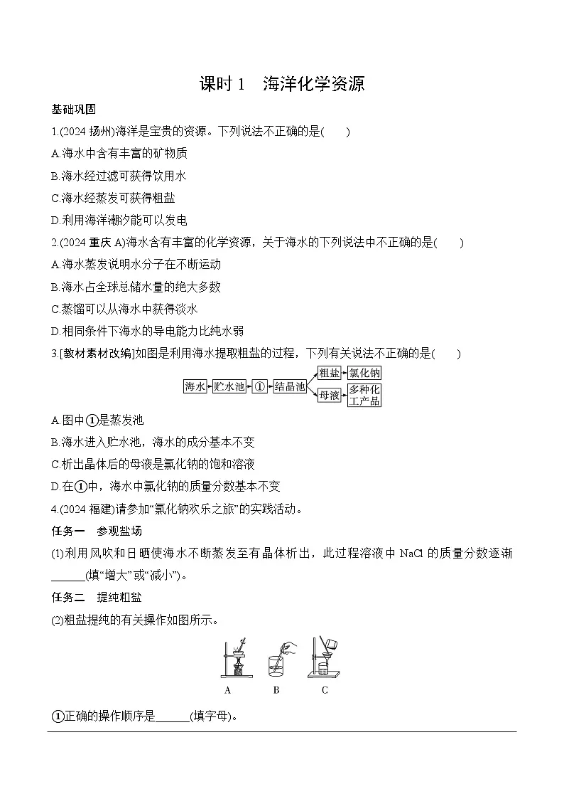 16.第九单元　课时1　海洋化学资源分层作业 2025年中考化学鲁教版第1页