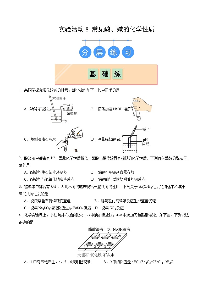 实验活动8 常见酸、碱的化学性质（分层练习）（原卷版）第1页