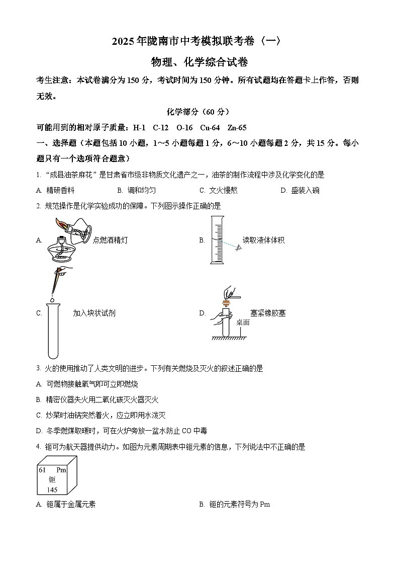 2025年甘肃省陇南市中考一模化学试题（原卷版+解析版）第1页