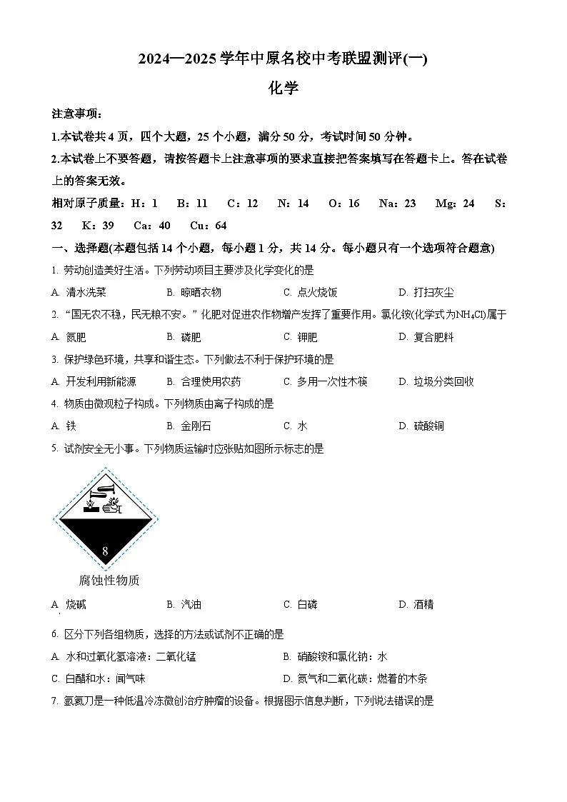 2025年河南省洛阳市洛宁县中考一模化学试题（原卷版+解析版）第1页