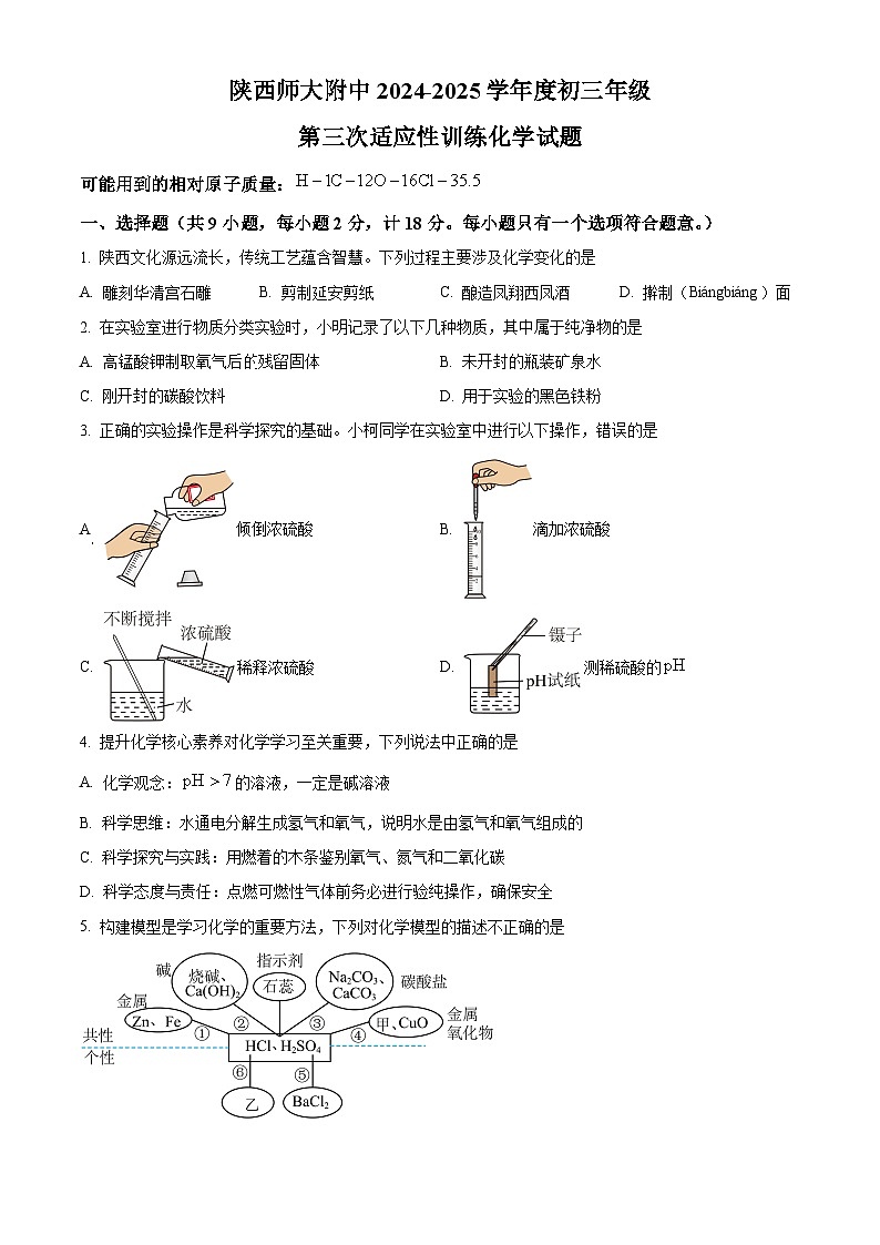 2025年陕西省西安市陕西师范大学附属中学中考三模化学试题（原卷版+解析版）第1页