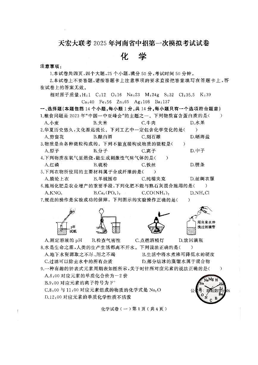 2025年驻马店市上蔡县中考一模（天宏大联考）化学试卷第1页