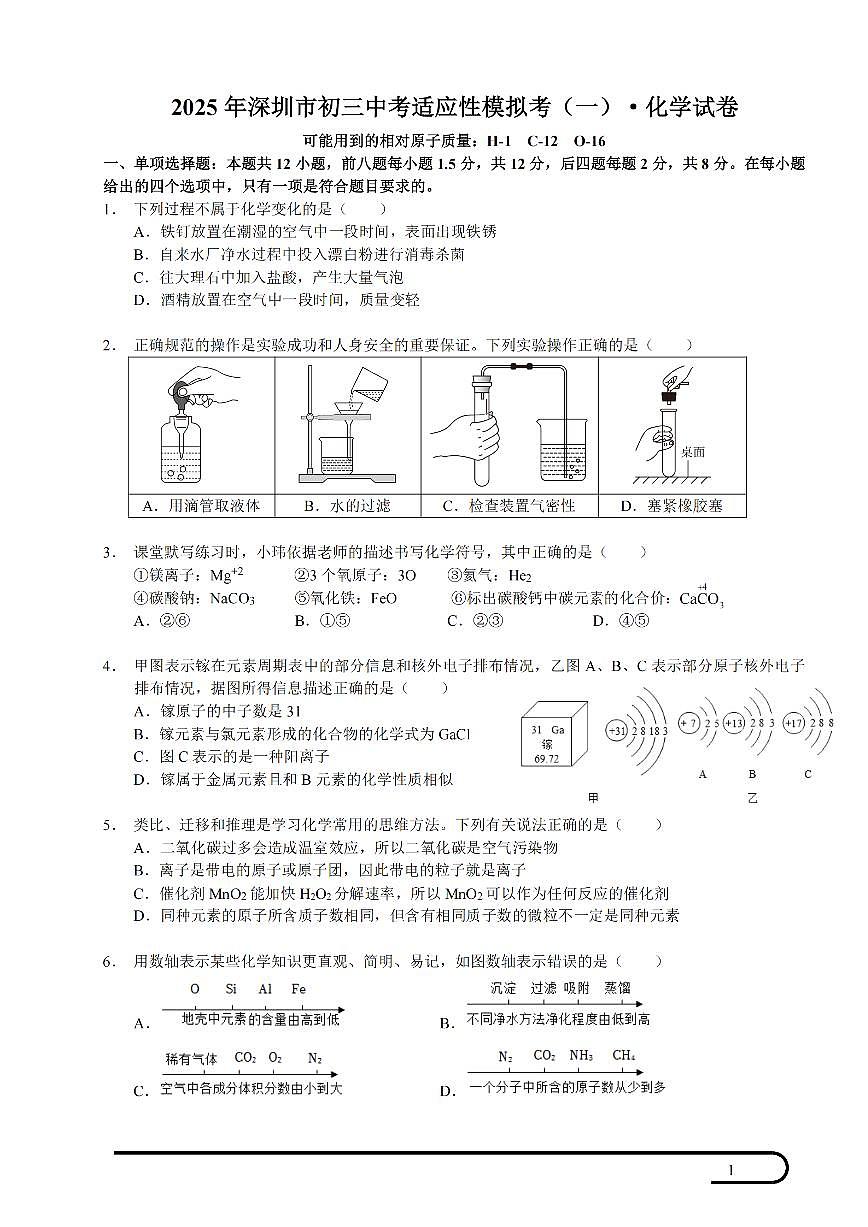 2024-2025学年深圳市质心中考适应性考试第一次模拟考化学试卷第1页