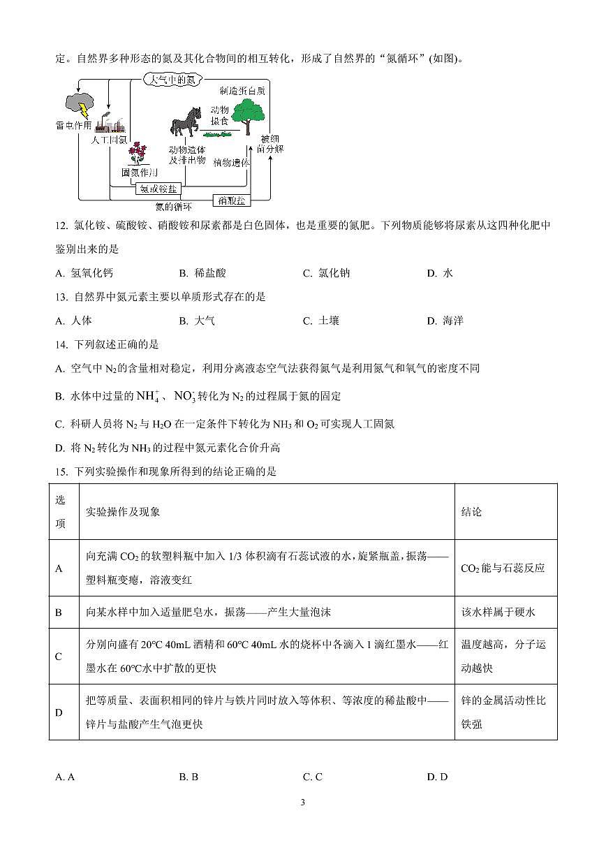 2025年江苏省扬州中学教育集团树人集团中考一模化学试题（原卷版）第3页
