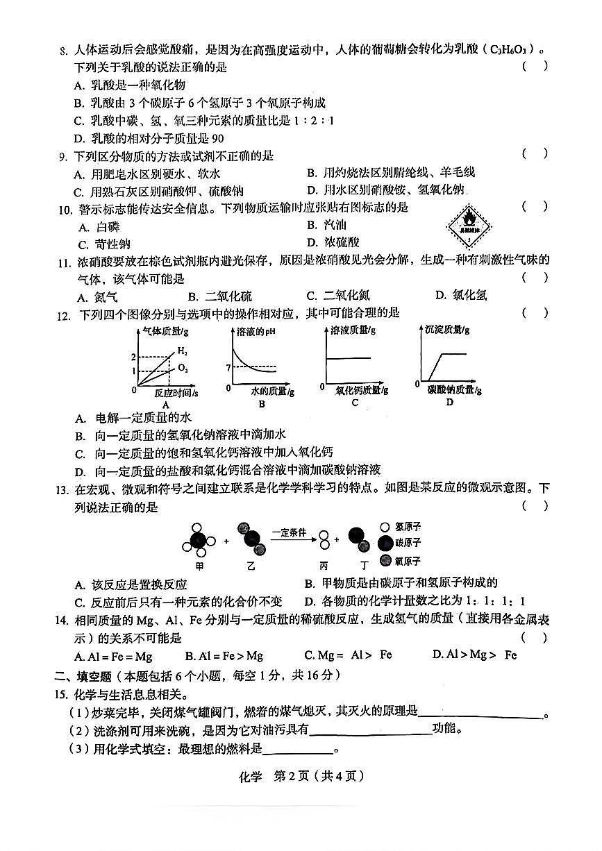 2024-2025学年河南省实验中学九年级第一次模拟考试（化学试卷）无答案第2页