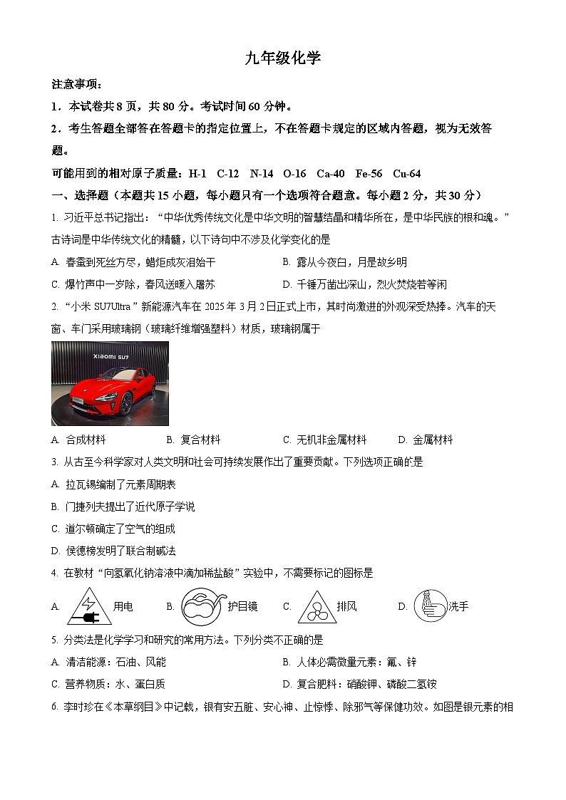 江苏省南京市树人学校2024-2025学年九年级下学期第一次月考化学试题（原卷版+解析版）第1页