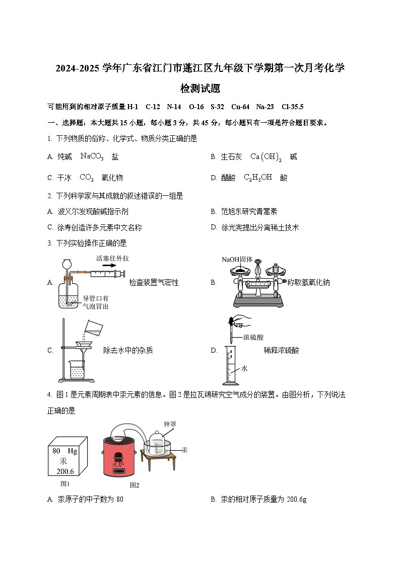 2024-2025学年广东省江门市蓬江区九年级下册第一次月考化学检测试题（附答案）第1页