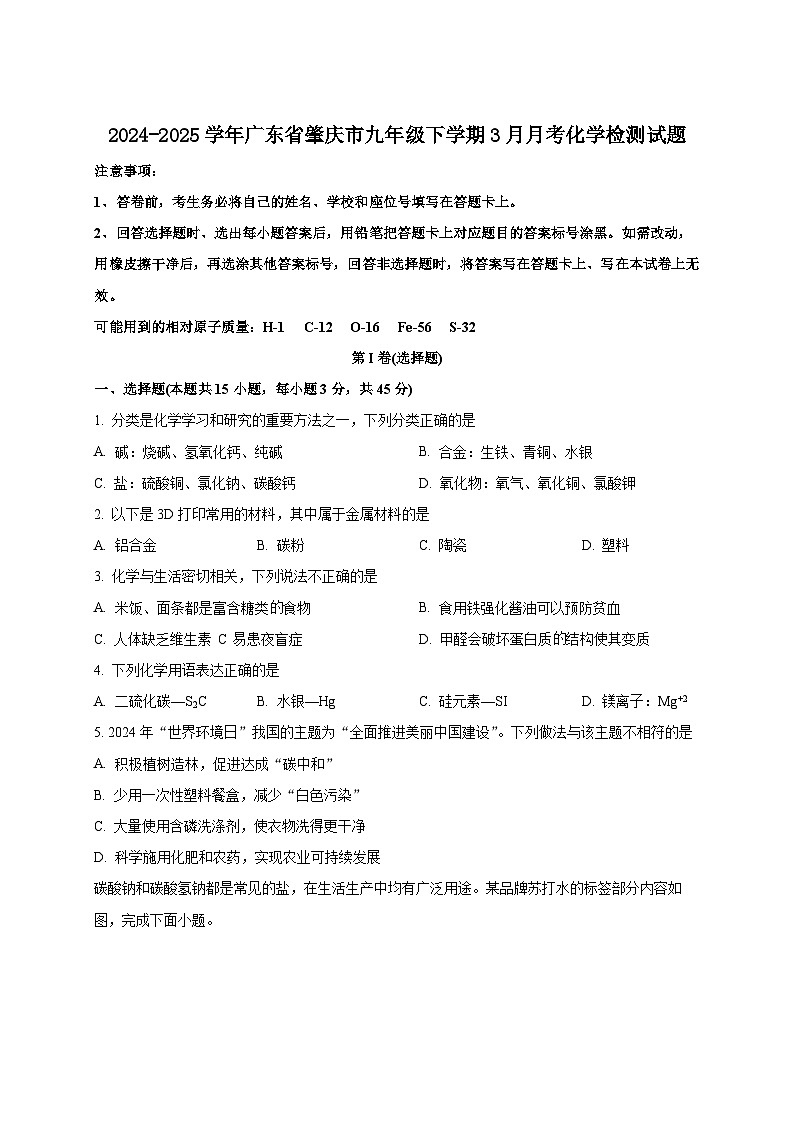 2024-2025学年广东省肇庆市九年级下册3月月考化学检测试题（附答案）第1页