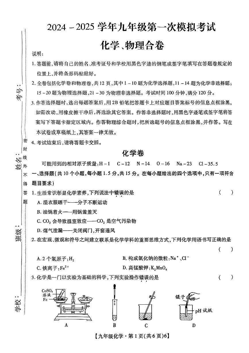 2024-2025深圳中学联考九年级（下）一模化学试卷第1页