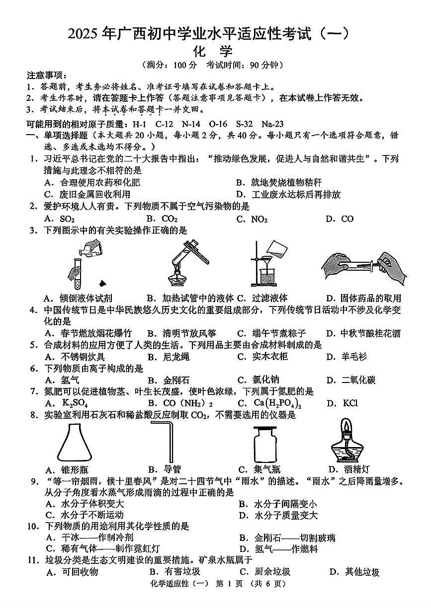 2025年广西河池市中考一模化学试卷第1页