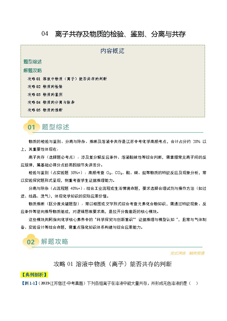 2025年中考化学二轮热点题型与演练04 离子共存及物质的检验、鉴别、分离与共存(含答案）第1页