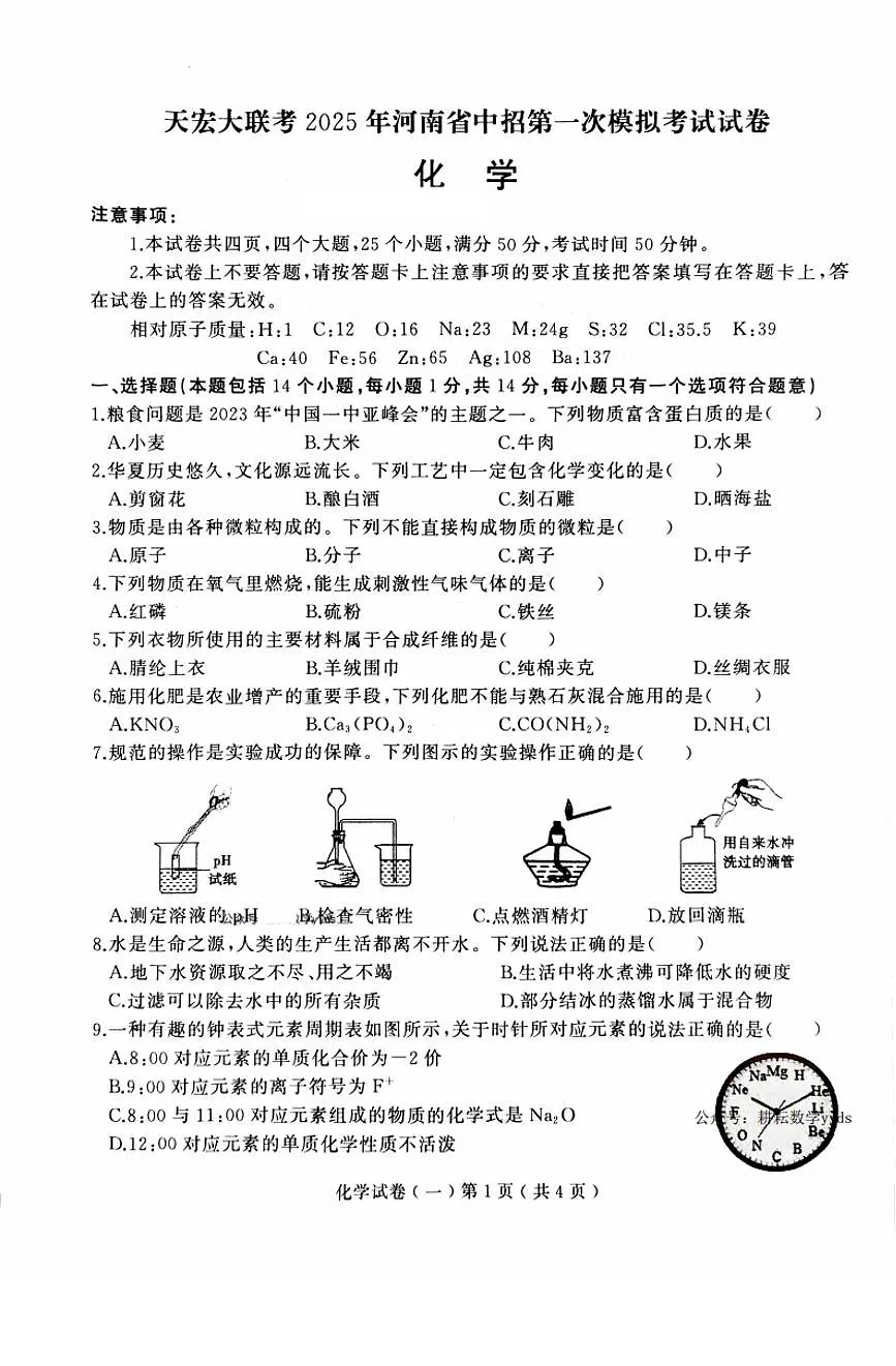 天宏大联考2024-2025学年九年级中考一模化学试卷及答案第1页
