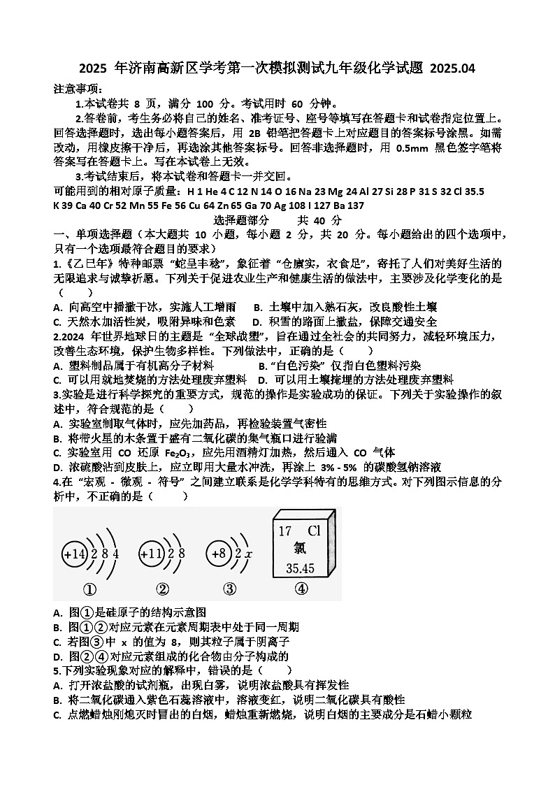 2025年济南高新区九年级中考化学一模考试试题（含答案）第1页