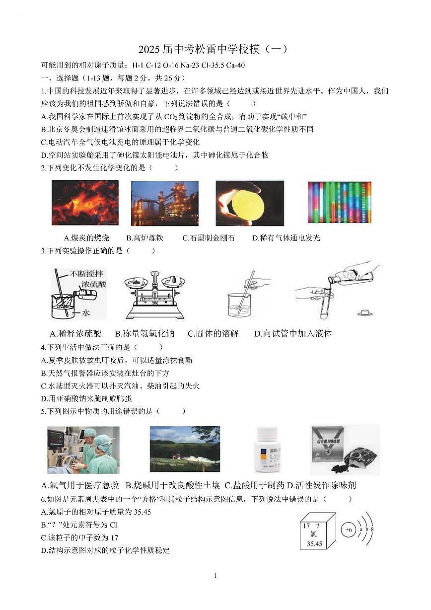 2025年哈尔滨市松雷中学中考校一模化学试卷和答案第1页