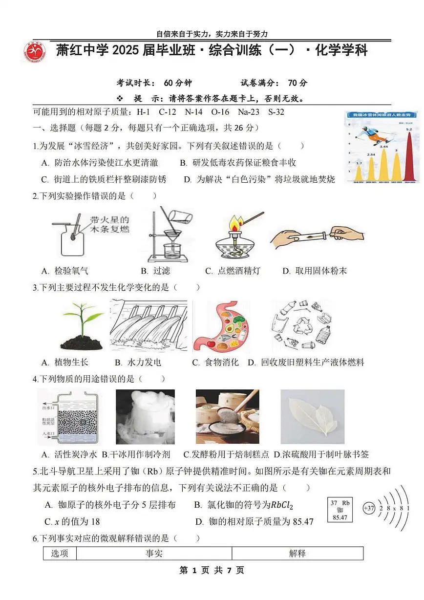2025年哈尔滨市萧红中学中考校一模化学试卷和答案第1页