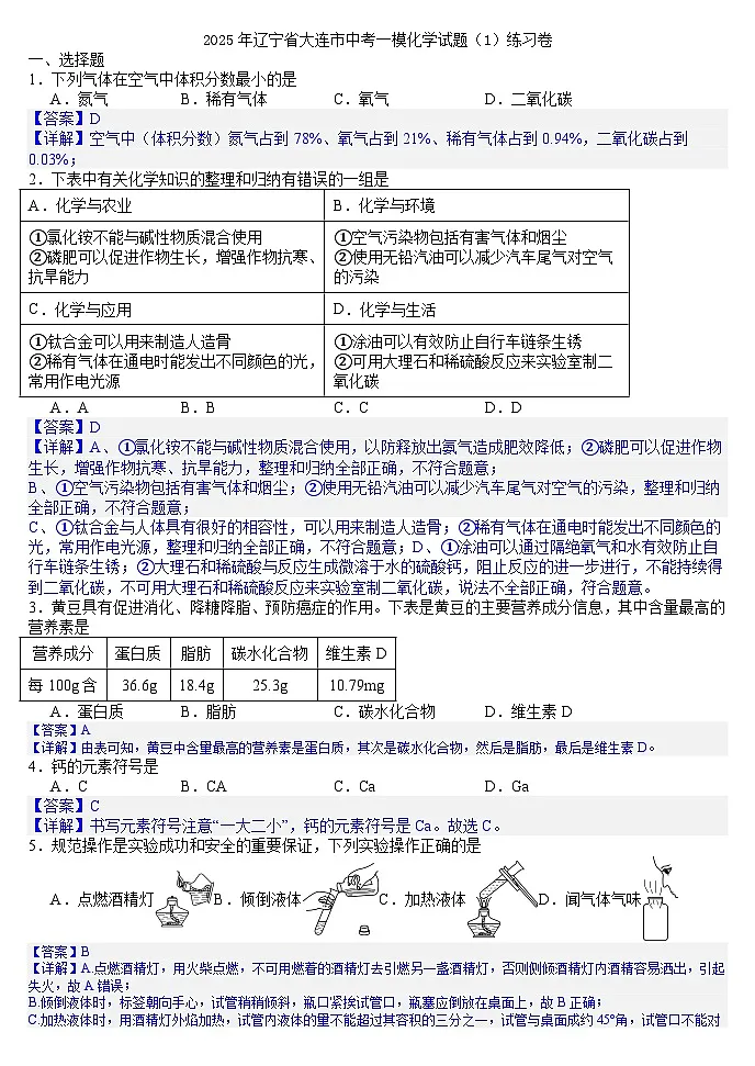 2025年辽宁省大连市中考一模化学试题（1）练习卷(答案版)第1页