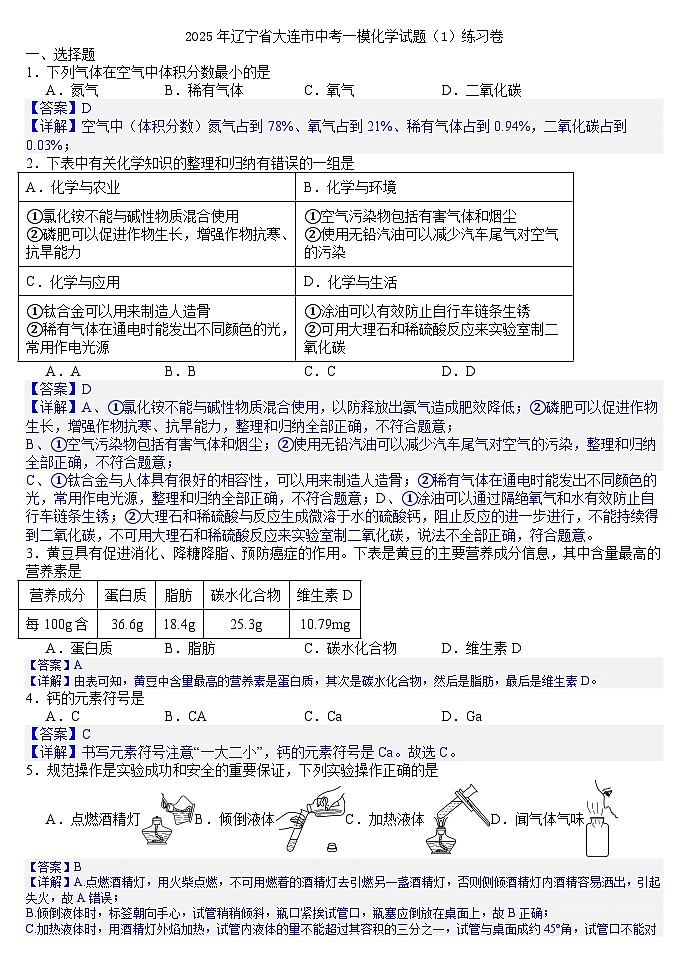 2025年辽宁省大连市中考一模化学试题（1）练习卷(答案版)第1页