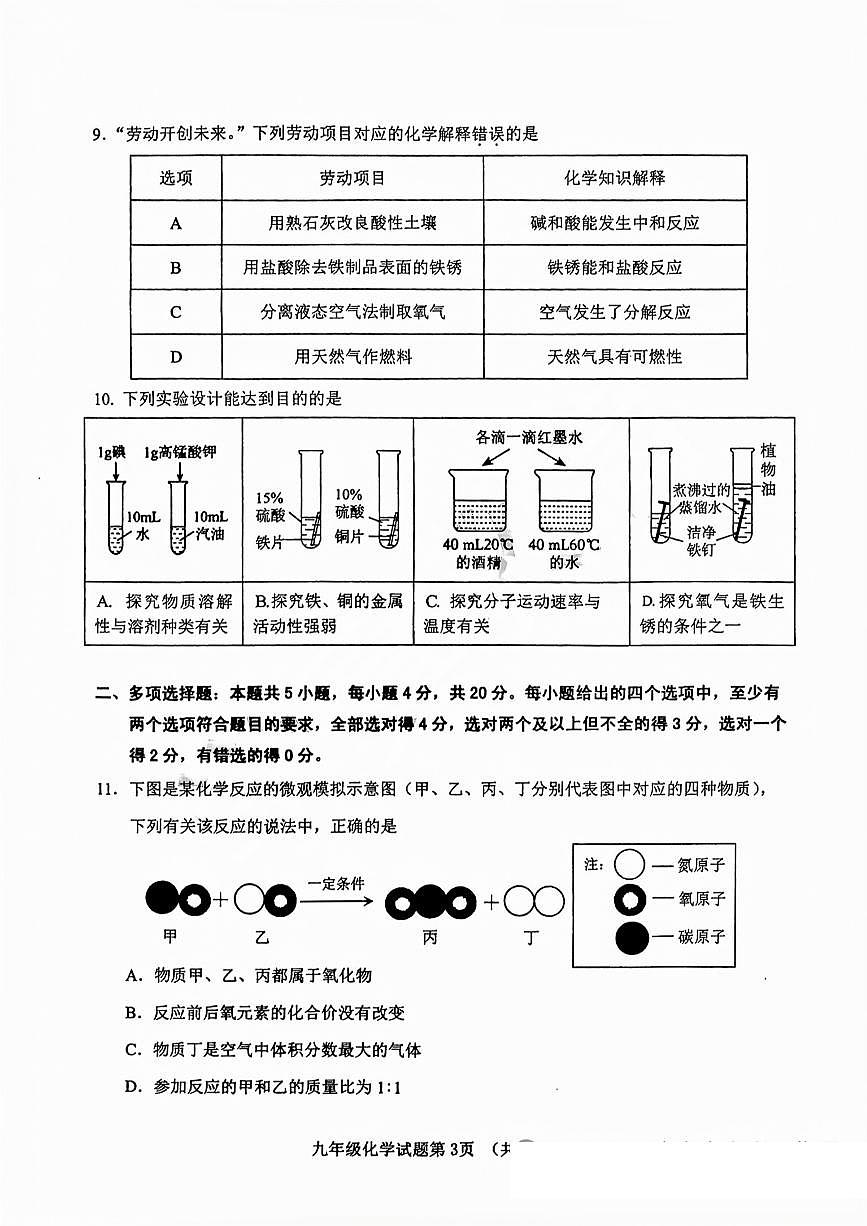2025年济南市历城区初三化学一模试题（无答案）第3页