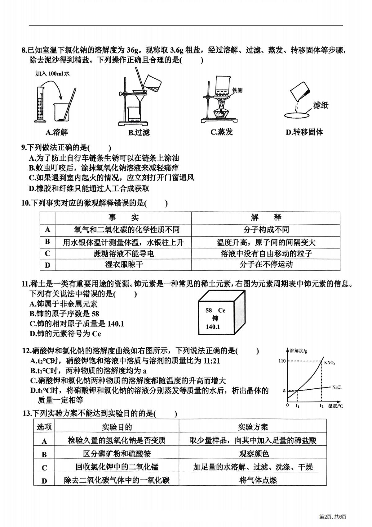 2025年哈尔滨市道里区中考一模化学试卷和答案第2页