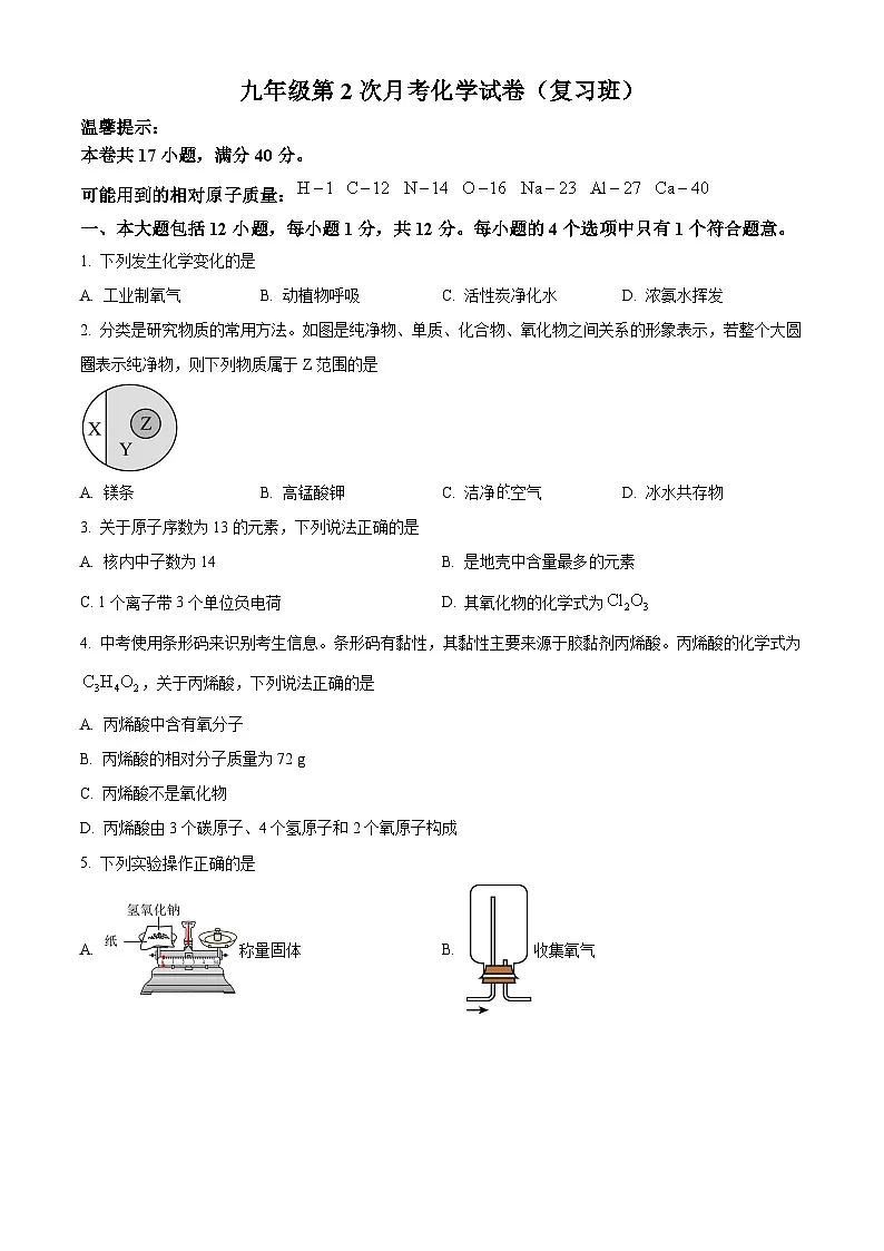 2025年安徽省亳州市谯城区黉学英才中学中考一模化学试题第1页