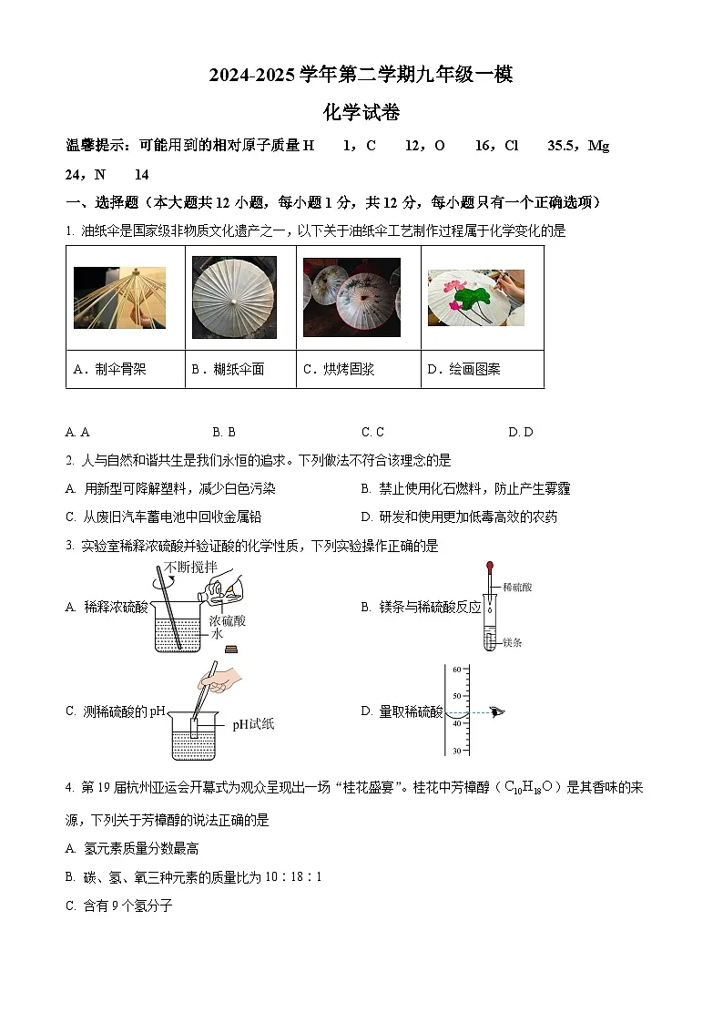 2025年安徽省合肥市庐阳中学中考一模化学试题第1页
