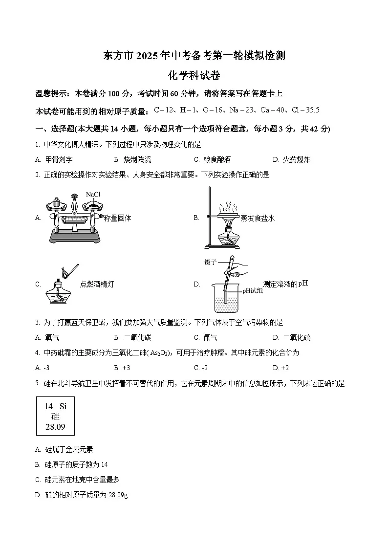 2025年海南省省直辖县级行政单位东方市中考一模化学试题第1页