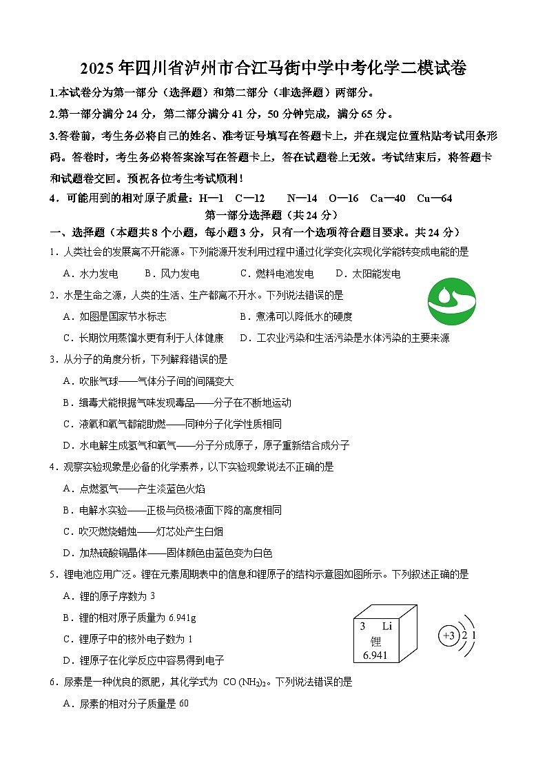 2025年四川省合江县马街中学校中考二模化学试题第1页