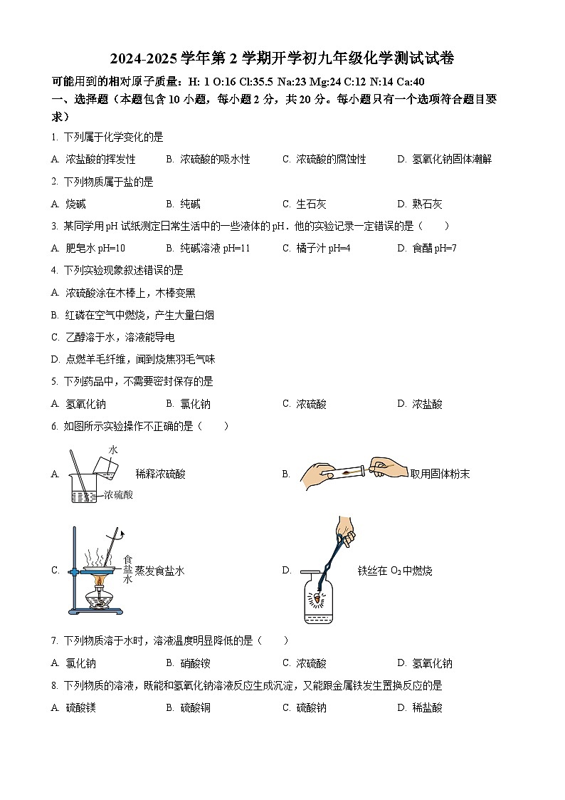 天津市北辰区东堤头中学2024-2025学年九年级下学期3月月考化学试题第1页