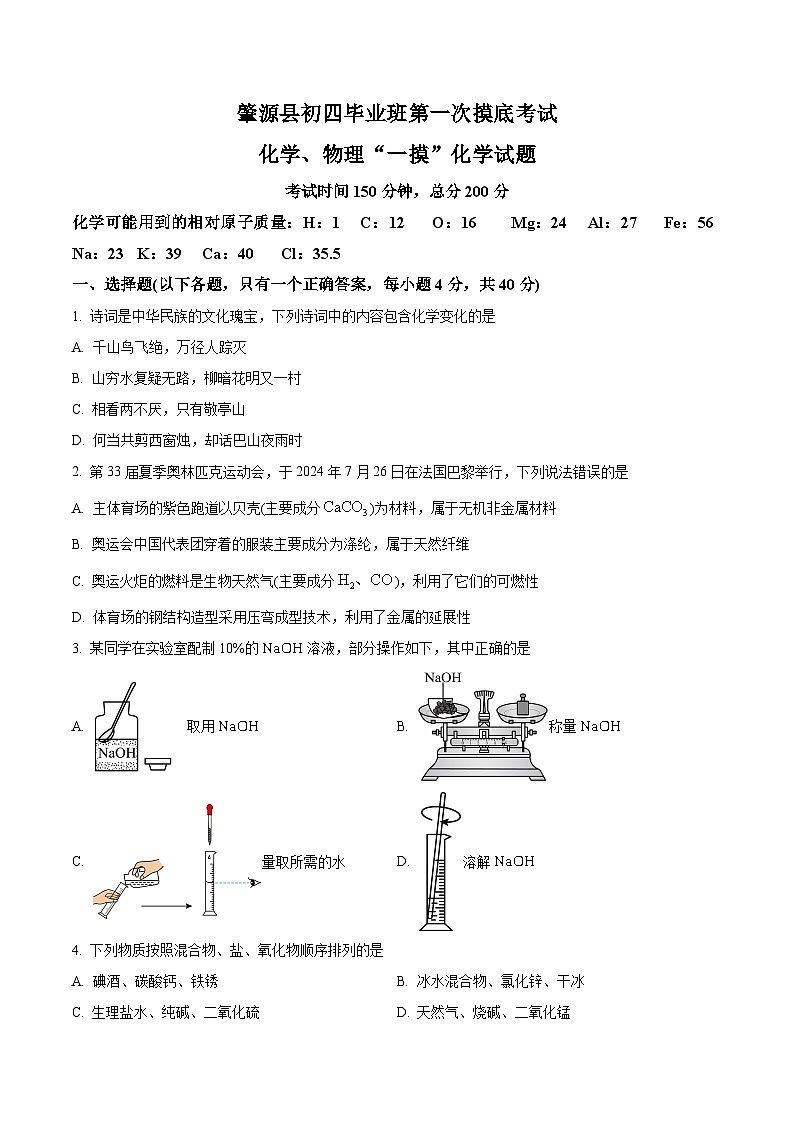 2025年黑龙江省大庆市肇源县中考一模化学试题（原卷版+解析版）第1页