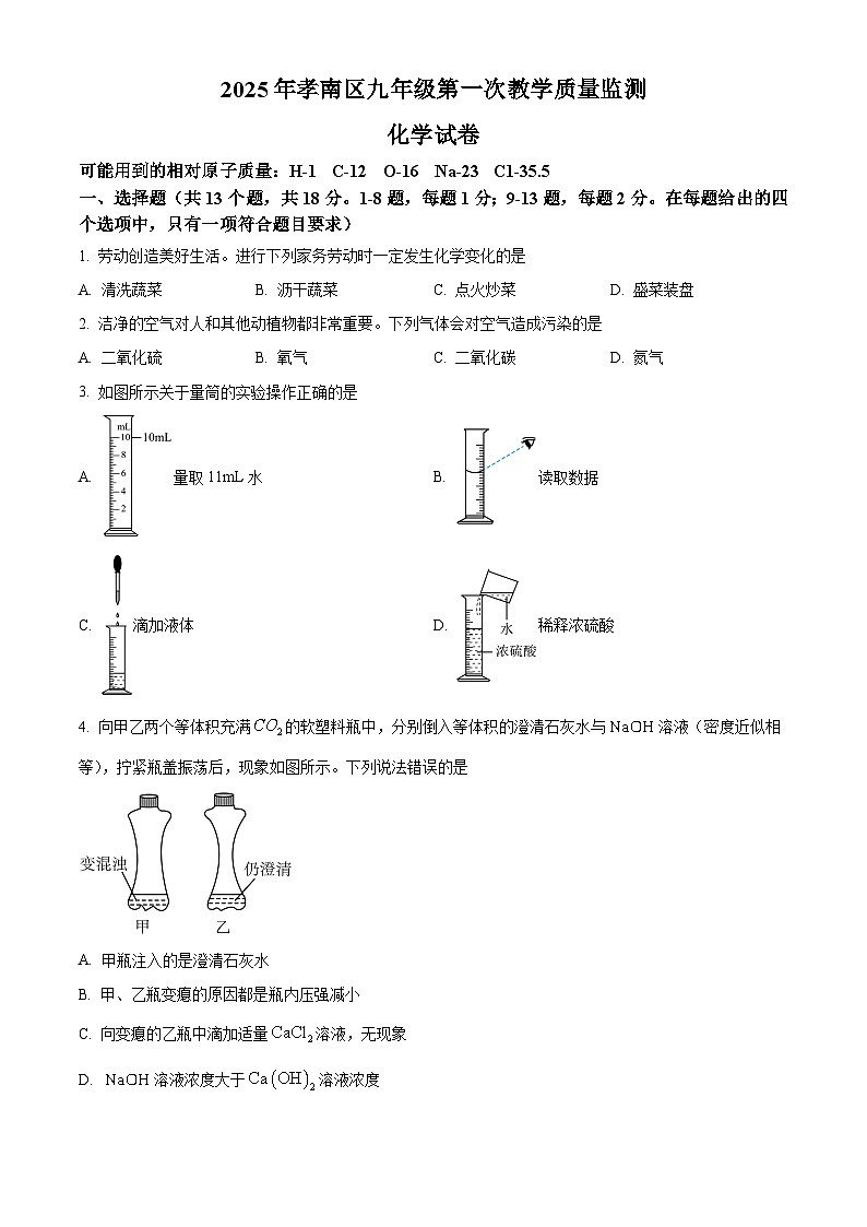 2025年湖北省孝感市孝南区中考一模化学试题（原卷版+解析版）第1页