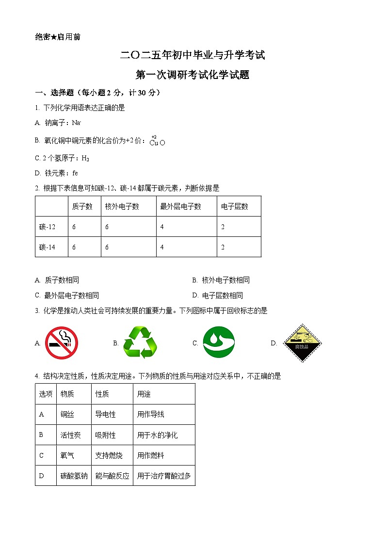 2025年江苏省盐城市盐都区中考一模化学试题（原卷版+解析版）第1页