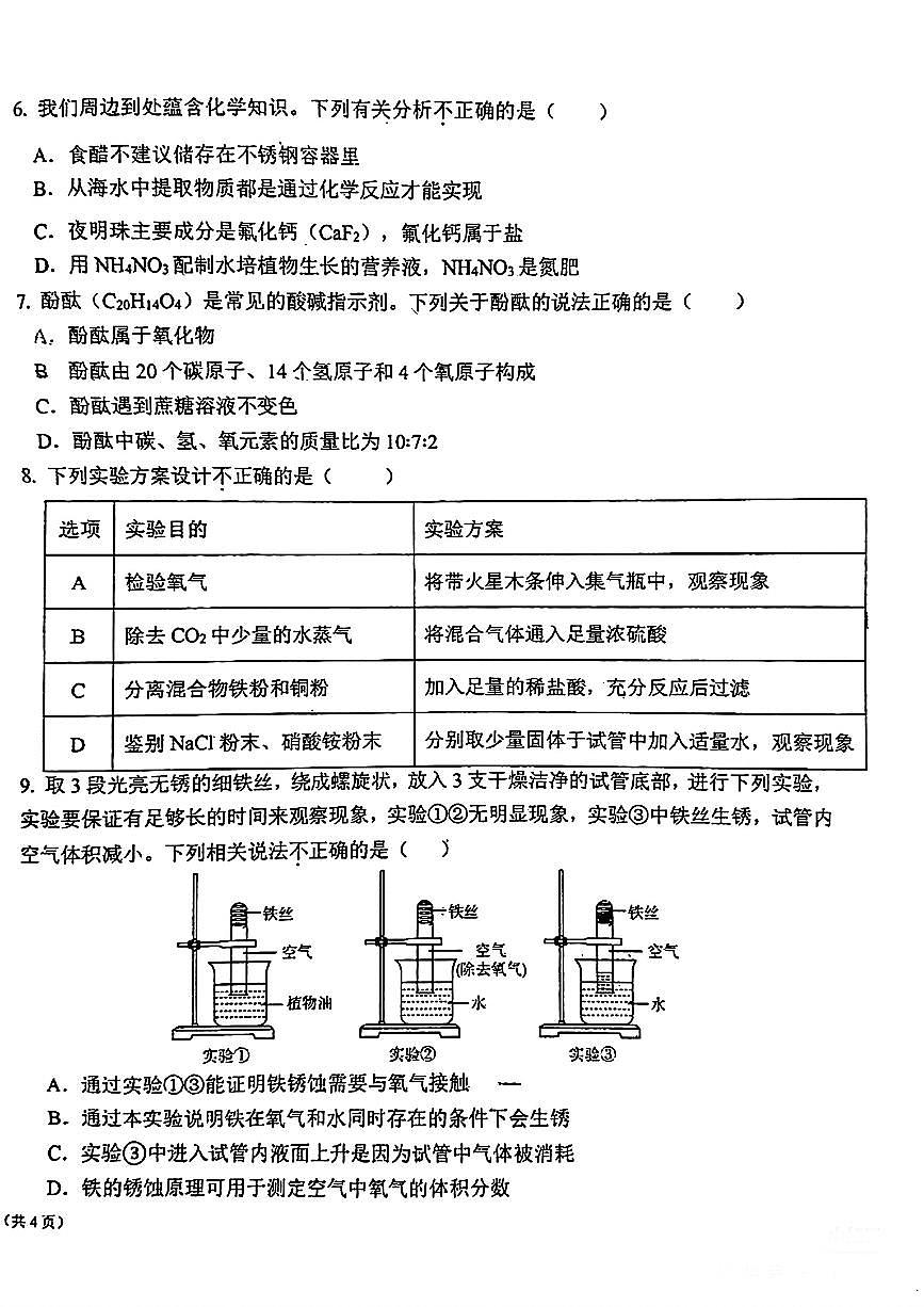 福建省福州市延安中学2024-2025学年下学期初三期中检测卷化学试卷第2页