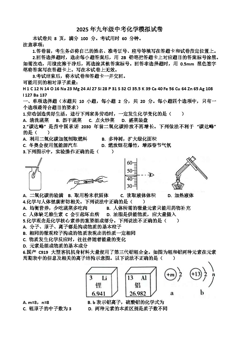 2025年最新鲁教版九年级中考化学考试试题（含答案）第1页