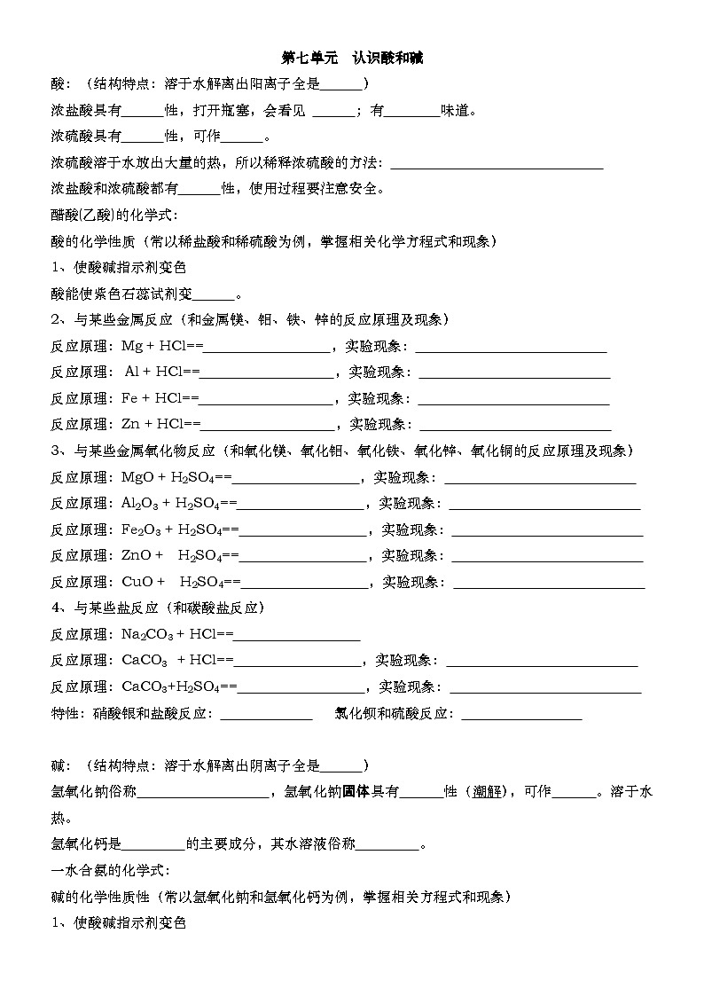 鲁教版化学九年级下册第七单元认识酸和碱单元复习练习(无答案)第1页