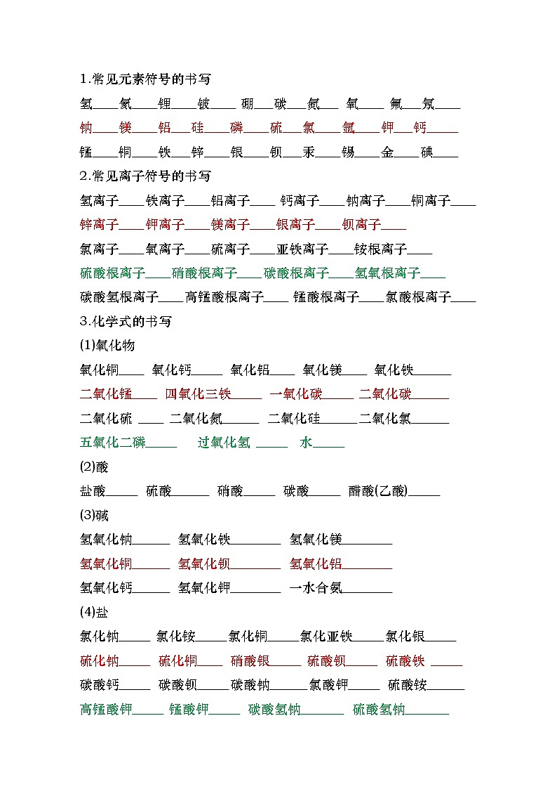 鲁教版化学九年级化学课前默写练习一轮复习（无答案）第1页