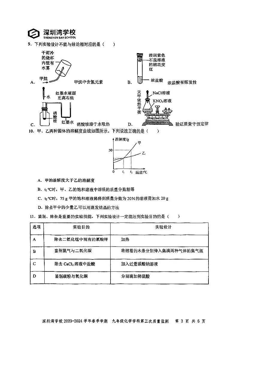广东省深圳市南山区深圳湾中学2023-2024学年九年级下学期中考三模化学试卷第3页