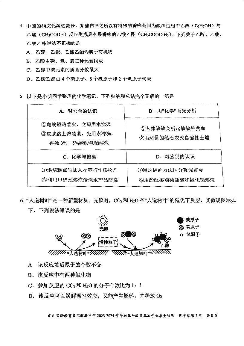 广东省深圳市麒麟中学2023-2024学年九年级下学期中考三模化学试卷第2页