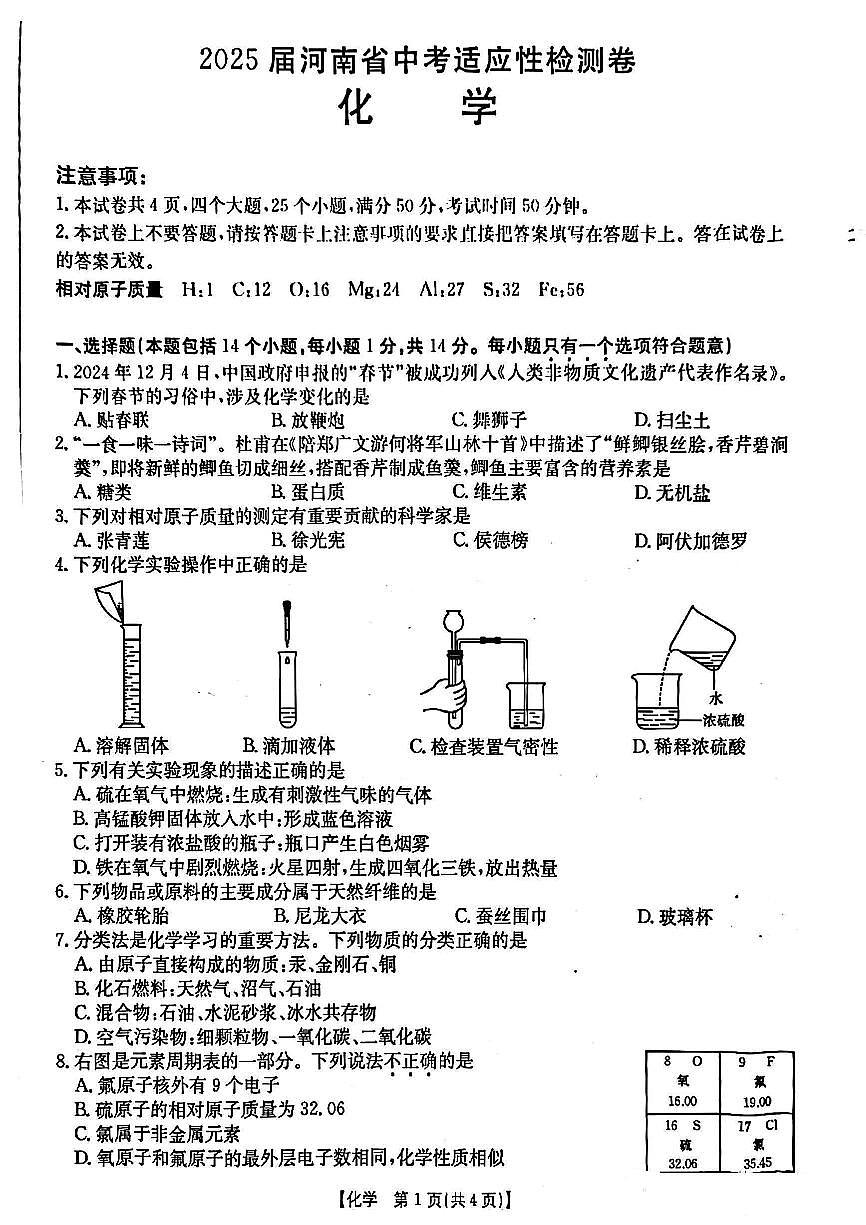 2025年漯河市九年级中考一模化学试卷及答案第1页