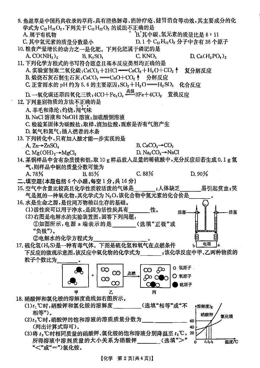 2025年漯河市九年级中考一模化学试卷及答案第2页