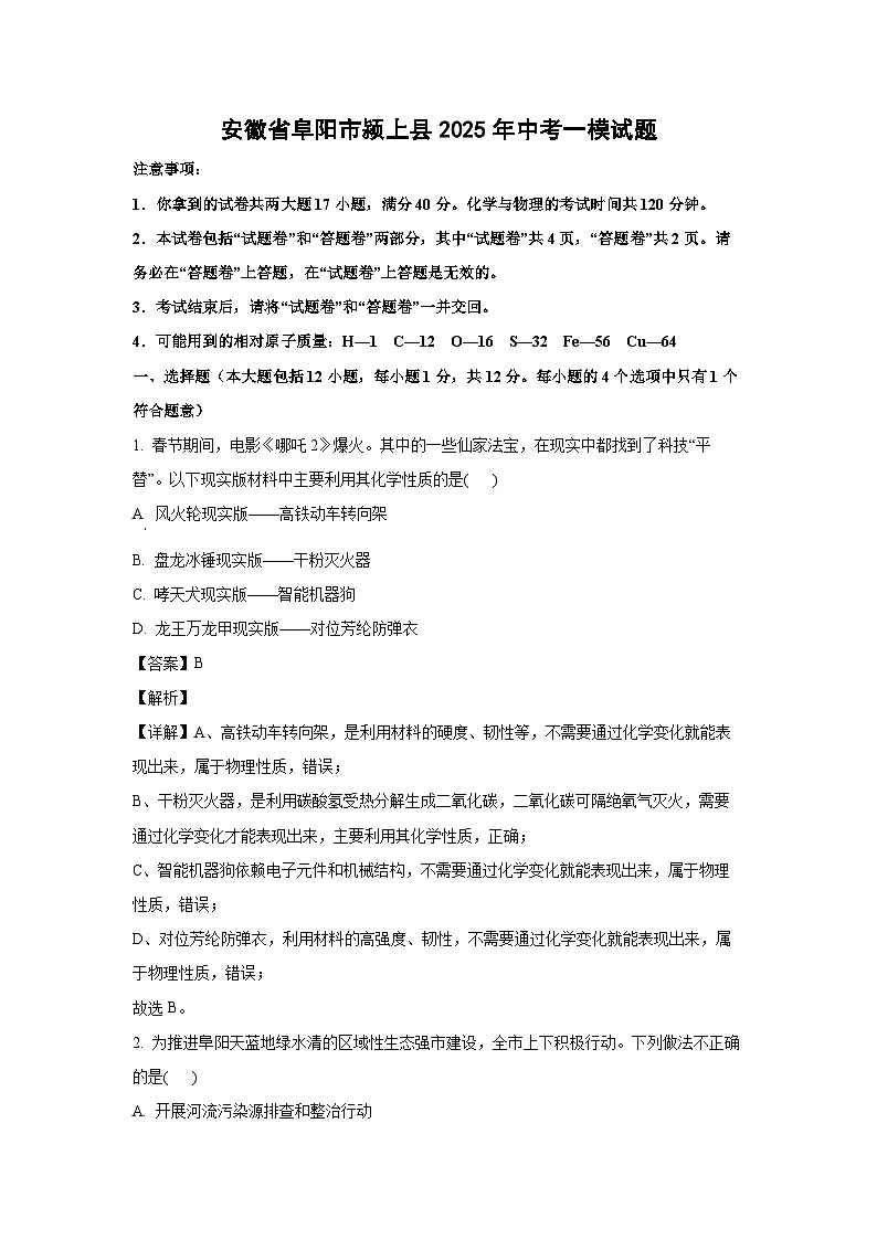 安徽省阜阳市颍上县2025年中考一模化学试卷（解析版）第1页